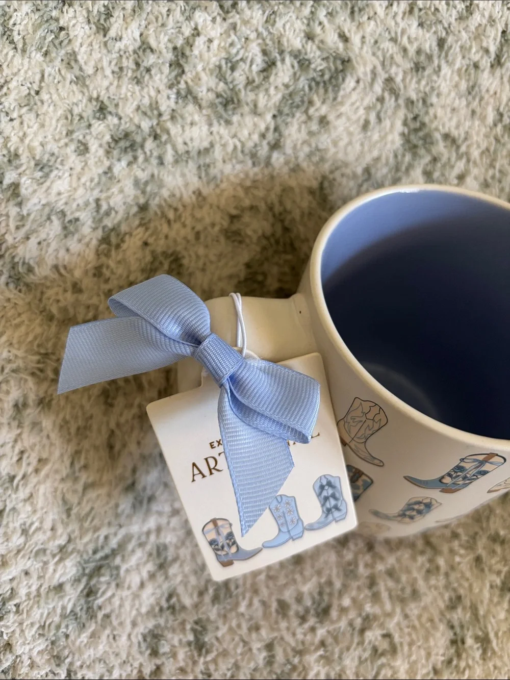 Cute Artisan Blue & Cream Cowboy Boot Ceramic Mug 16oz NWT Sunday Morning